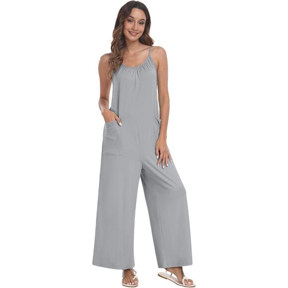 PrinStory Womens Light Gray Jumpsuits Spaghetti Long Pant Overalls with Pockets - Picture 3 of 6
